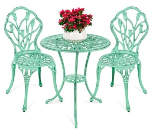 3-Piece Cast Aluminum Patio Bistro Furniture Set, Teal - Lot 395