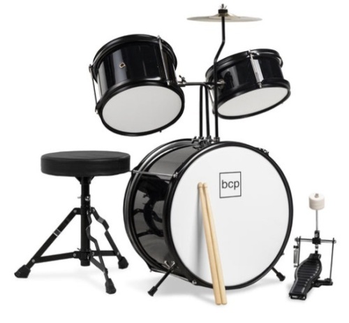 Kids Beginner 3-Piece Drum, Musical Instrument Set w/ Sticks, Stool, Pedal, Black - Lot 397