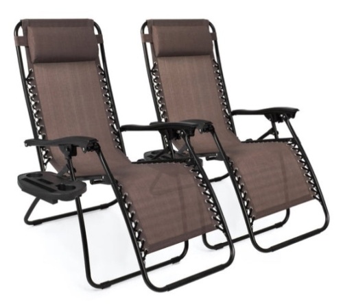 Set of 2 Adjustable Zero Gravity Patio Chair Recliners w/ Cup Holders, Brown - Lot 412