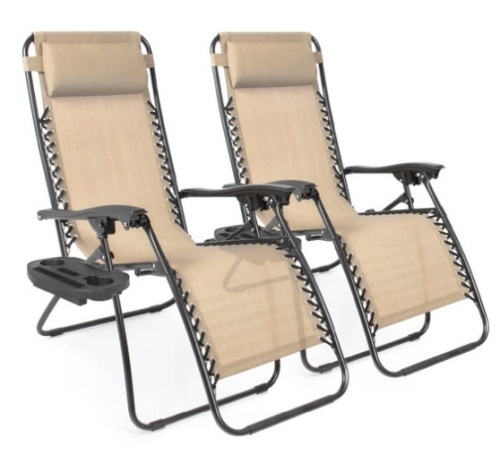 Set of 2 Adjustable Zero Gravity Patio Chair Recliners w/ Cup Holders, Sand - Lot 413