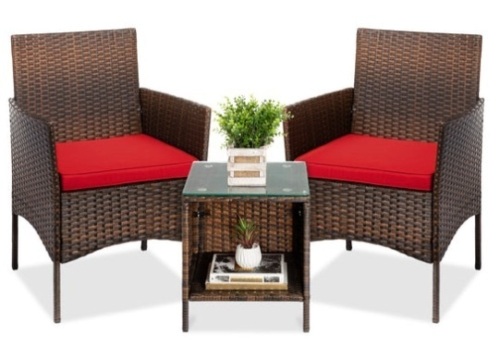 3-Piece Outdoor Patio Wicker Bistro Set w/ Side Storage Table, Brown/Red - Lot 414