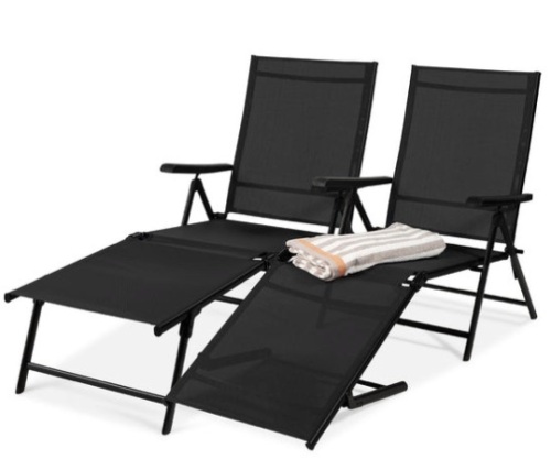 Set of 2 Outdoor Patio Chaise Recliner Lounge Chairs w/ Rust-Resistant Frame, Black - Lot 417