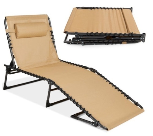 Portable Patio Chaise Lounge Chair Outdoor Recliner w/ Pillow, Tan - Lot 420