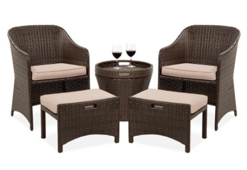 5-Piece Outdoor Wicker Bistro Set w/ Side Storage Table, No Assembly, Brown - Lot 423