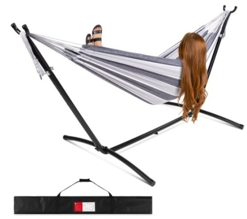 2-Person Brazilian-Style Double Hammock w/ Carrying Bag and Steel Stand, Steel - Lot 426