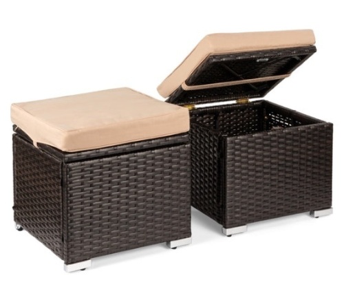 Set of 2 Wicker Ottomans, Multipurpose w/ Removable Cushions, Steel Frame, Brown/Beige - Lot 428
