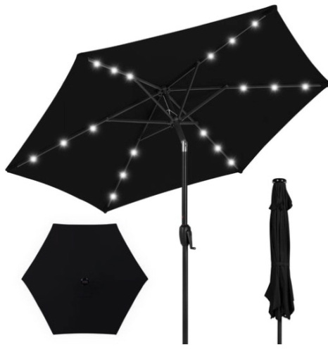 Outdoor Solar Patio Umbrella w/ Push Button Tilt, Crank Lift - 7.5ft, Black - Lot 432