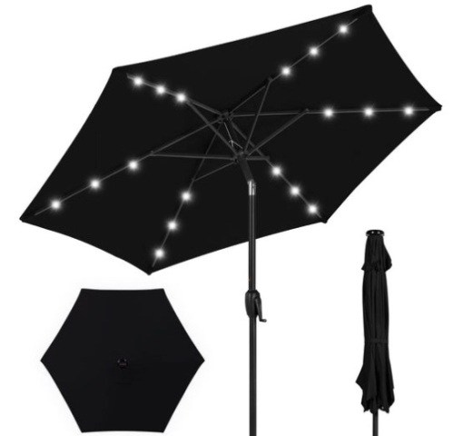 Outdoor Solar Patio Umbrella w/ Push Button Tilt, Crank Lift - 7.5ft, Black - Lot 433