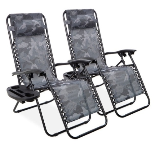 Set of 2 Adjustable Zero Gravity Patio Chair Recliners w/ Cup Holders, Camouflage - Lot 440
