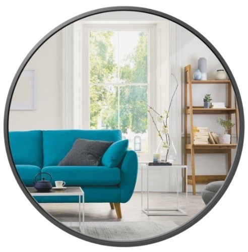 Framed Round Bathroom Vanity Wall Mirror w/ Anti-Blast Film - 36in, Matte Black - Lot 443