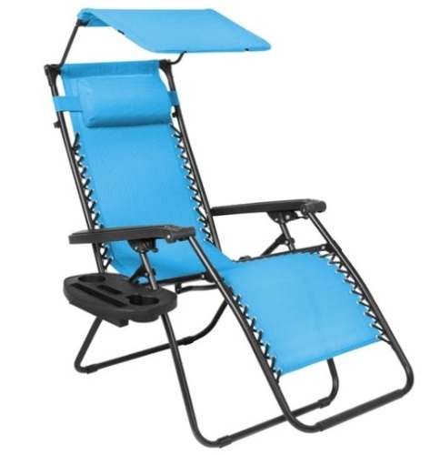 Folding Zero Gravity Recliner Patio Lounge Chair w/ Canopy, Side Tray, Light Blue - Lot 448