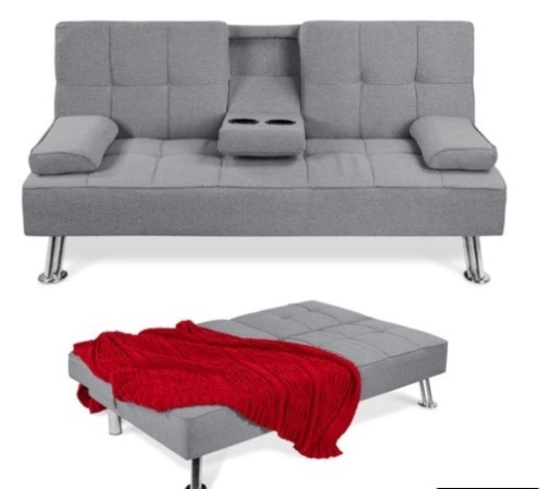 Linen Upholstered Convertible Sofa Bed Futon w/ 2 Cupholders, Gray - Lot 450