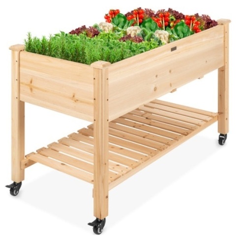 Mobile Raised Garden Bed Elevated Wood Planter w/ Wheels, Storage Shelf - Lot 459