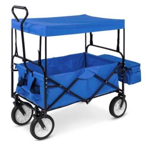 Utility Wagon Cart w/ Folding Design, 2 Cup Holders, Removable Canopy, Blue - Lot 460