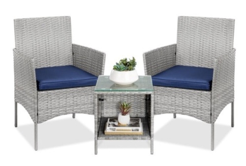 3-Piece Outdoor Patio Wicker Bistro Set w/ Side Storage Table, Gray/Navy - Lot 461