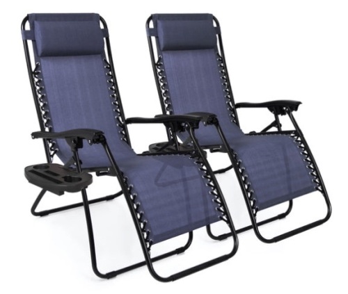 Set of 2 Adjustable Zero Gravity Patio Chair Recliners w/ Cup Holders, Blue - Lot 468
