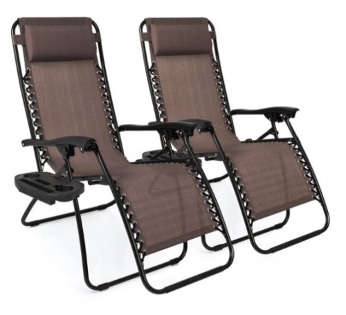Set of 2 Adjustable Zero Gravity Patio Chair Recliners w/ Cup Holders, Brown - Lot 471