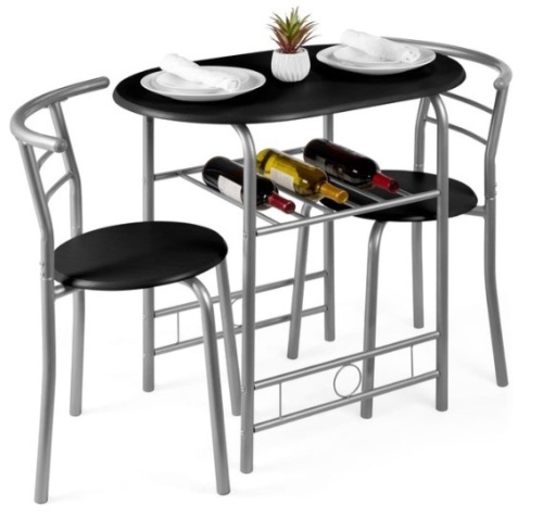 3-Piece Wooden Table & Chairs Dining Set w/ Lower Storage Shelf, Black/Silver - Lot 479