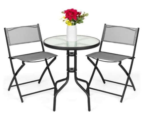 3-Piece Bistro Set w/ Glass Table, 2 Foldable Chairs, Gray - Lot 484