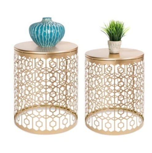 Set of 2 Decorative Round Side Accent Table/ Nightstands, Gold - Lot 485