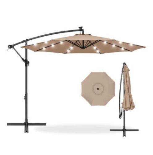 Solar LED Offset Hanging Patio Umbrella, 10ft, Tan - Lot 559