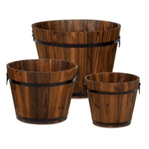 Set of 3 Rustic Wood Bucket Barrel Garden Planters - Lot 568