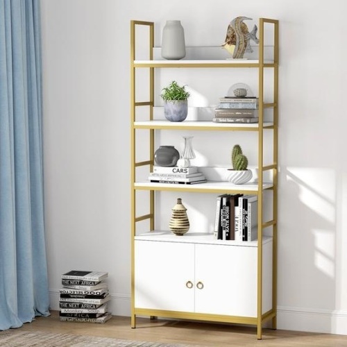 Tribesigns 4 Tier Gold Bookcase with Storage Cabinet - Appears New  - Lot 545
