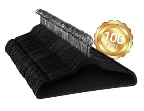 Velvet Slim Profile Black Clothes Hangers with Stainless Steel Swivel Hooks, 100-Pack - Appears New - Lot 639