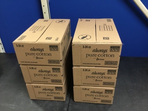 Lot of (6) Always Pure Cotton with Flexfoam Pads, Size 2, 3 - 24 Ct Packs - New - Lot 893