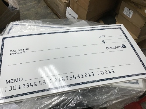 Lot of (9) Giant Checks 24" x 48" White - Appear New  - Lot 1115