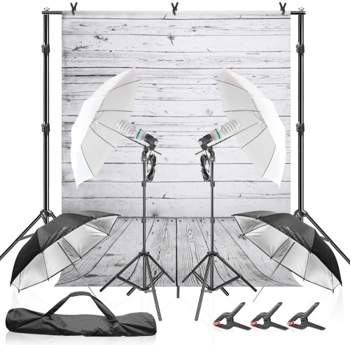 Julius Studio Wood Floor Backdrop with Umbrella Lighting Kit, 600W 5600K, 10 ft. Background Support Stand JSAG355 - Appears New  - Lot 620