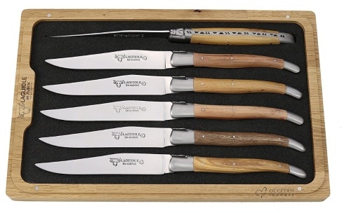Set of 6, Laguiole en Aubrac Steak Knives, Mixed French Woods Handles, Appears New - Lot 195