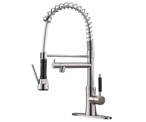 Friho Commercial Brushed Nickel High Arch Single Lever Two Spouts Pull Down Sprayer Spring Kitchen Faucet, New in Box - Lot 413