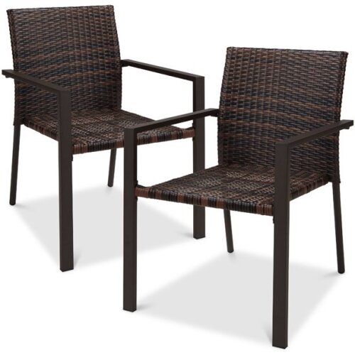 Best Choice Products Set of 2 Stackable Wicker Chairs w/ Armrests, Steel Conversation Accent Furniture for Patio - Brown - Lot 2631