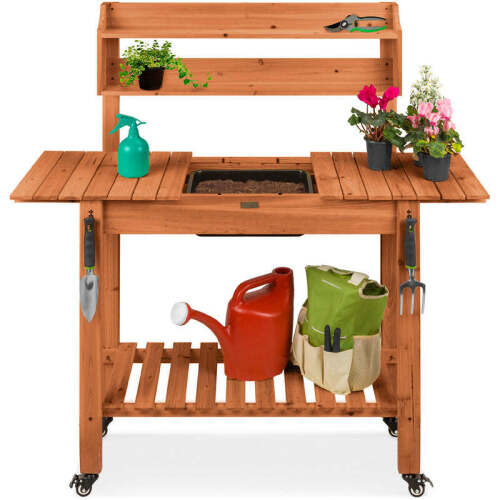 Pre-Stained Wood Garden Potting Bench w/ Sliding Tabletop, Dry Sink, Wheels - Lot 2641