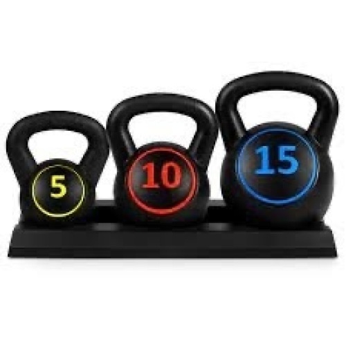 3-Piece Kettlebell Exercise Fitness Weight Set w/ Storage Rack - Lot 2654