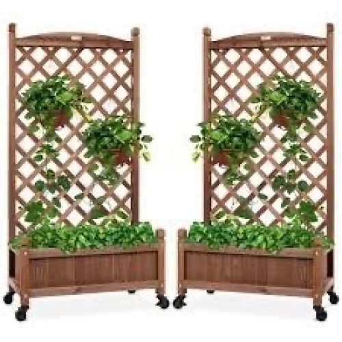 Set of 2 Wood Planter Box & Lattice Trellis w/ Optional Wheels - 48in - Lot 2658