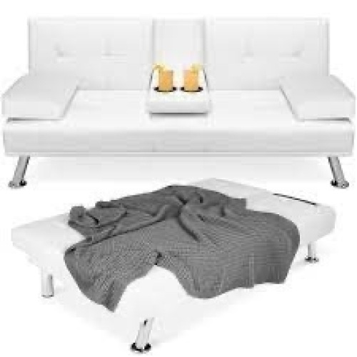 Faux Leather Upholstered Convertible Sofa Bed Futon w/ 2 Cupholders - Lot 2659