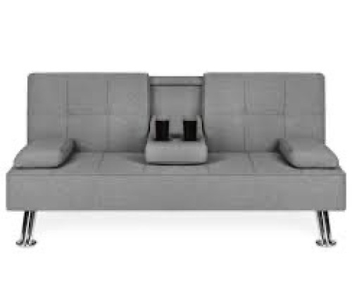 Linen Upholstered Convertible Sofa Bed Futon w/ 2 Cupholders - Lot 2668