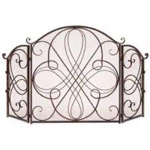 3-Panel Wrought Iron Metal Fireplace Screen Cover w/ Scroll Design - 55x33in - Lot 2673