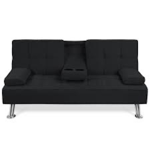 Linen Upholstered Convertible Sofa Bed Futon w/ 2 Cupholders - Lot 2678