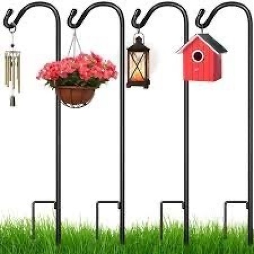 Set of 4 Shepherd Hooks Outdoor Garden Hooks w/ 2-Prong Base - 65in - Lot 2722