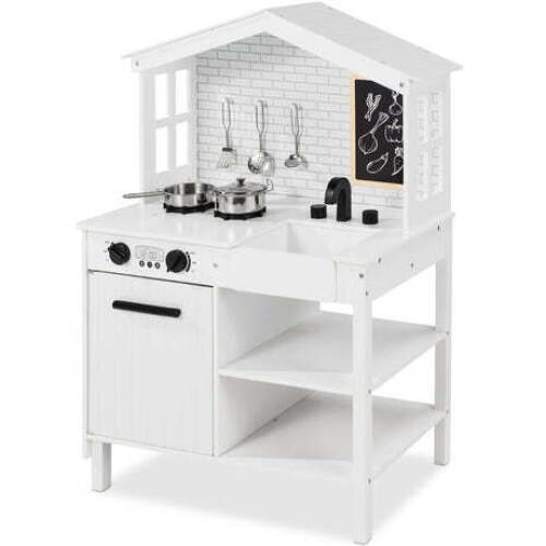 Kids Farmhouse Play Kitchen w/ Chalkboard, Storage Shelves, 5 Accessories - Lot 2754