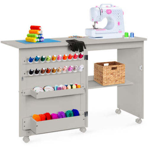 Folding Sewing Table Multipurpose Craft Station & Side Table w/ Wheels - Lot 2758