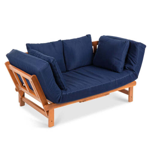 Outdoor Convertible Acacia Wood Futon Sofa w/ 4 Pillows, Removable Cushion - Lot 2793