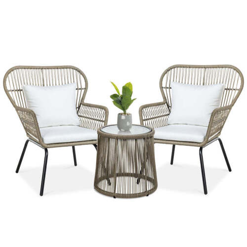 3-Piece Patio Wicker Conversation Bistro Set w/ 2 Chairs, Glass Top Table - Lot 2874