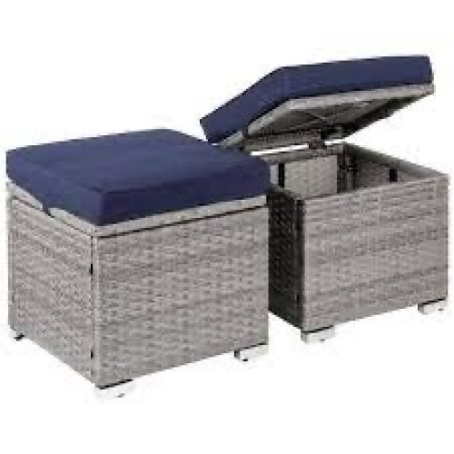 Set of 2 Wicker Ottomans, Multipurpose w/ Removable Cushions, Steel Frame - Lot 2904