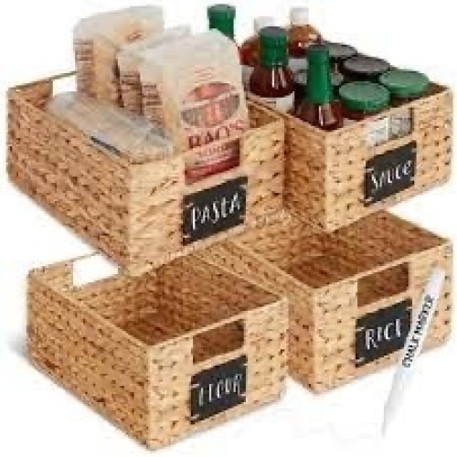 Set of 4 Water Hyacinth Pantry Baskets w/ Chalkboard, Marker - 12in - Lot 2967