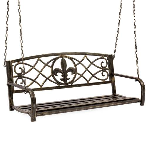 2-Person Outdoor Metal Hanging Swing Bench w/ Fleur-de-Lis Accents - Lot 2890