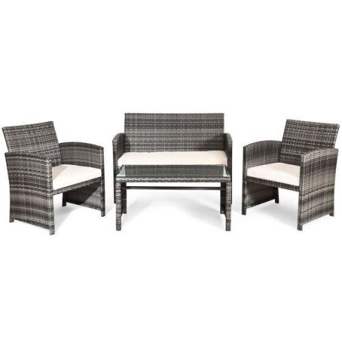 4 Pieces Patio Rattan Furniture Set Conversation Glass Tabletop Cushioned Sofa - Lot 149